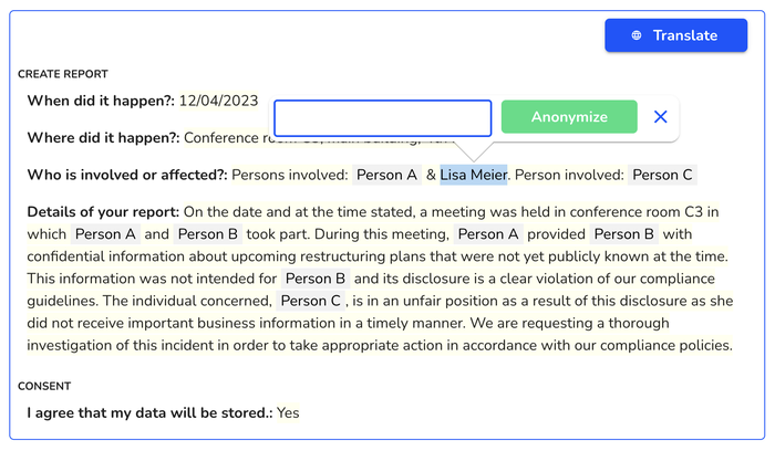 Anonymization of case information