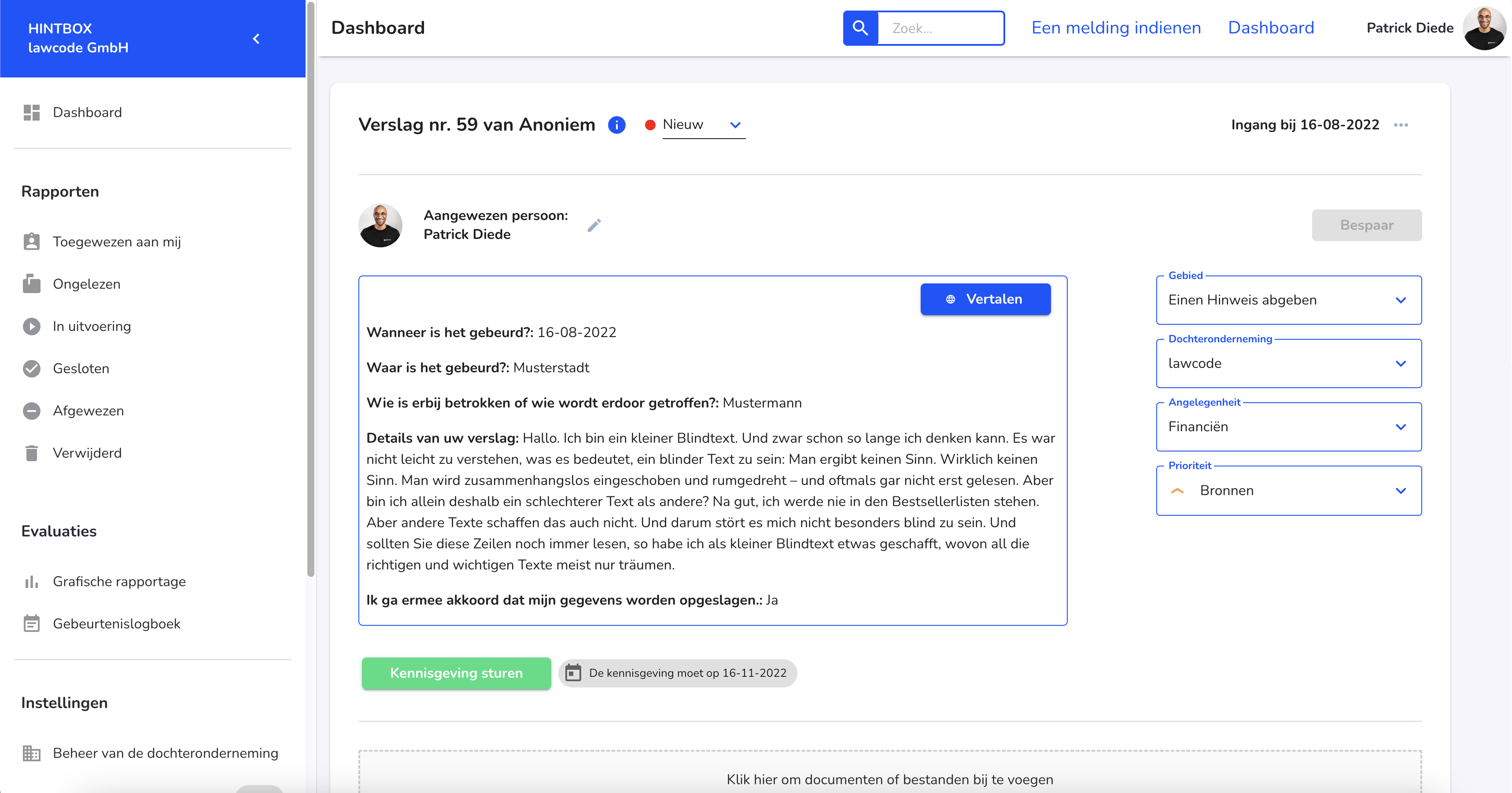 Compliance Manager bei der Bearbeitung eines Hinweises (NL)